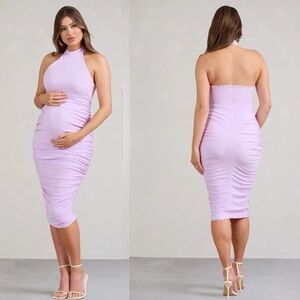 💜 BRAND NEW CHRISSY LILAC MATERNITY HALTERNECK RUCHED MIDI DRESS